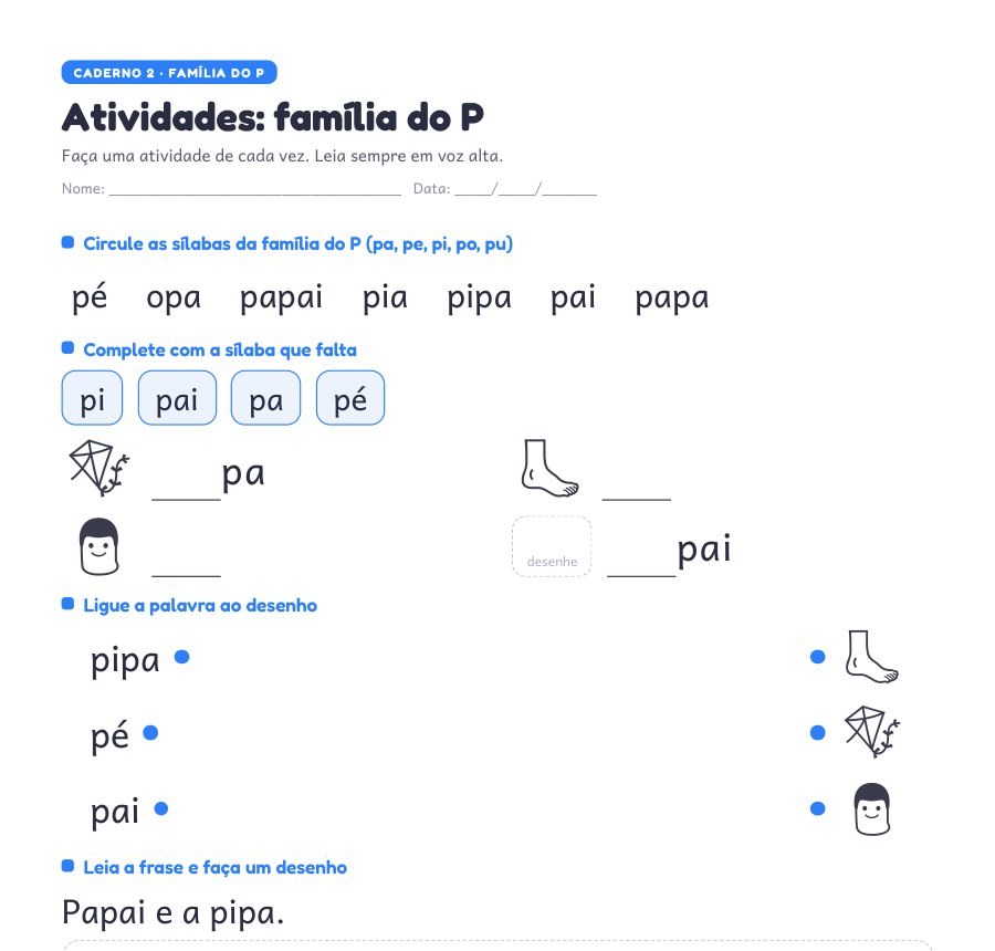 Folha de atividades da família do P