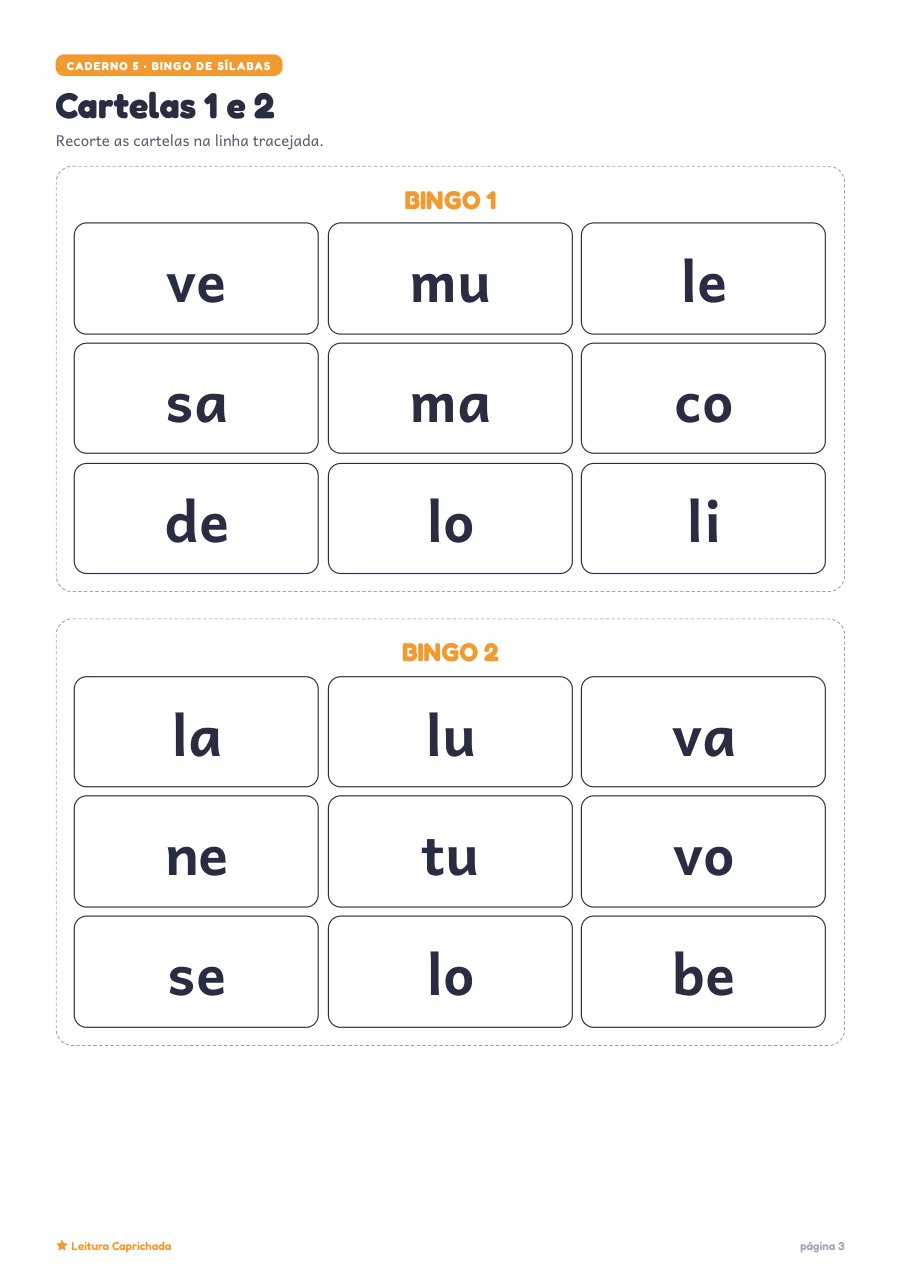 Cartelas do bingo de sílabas
