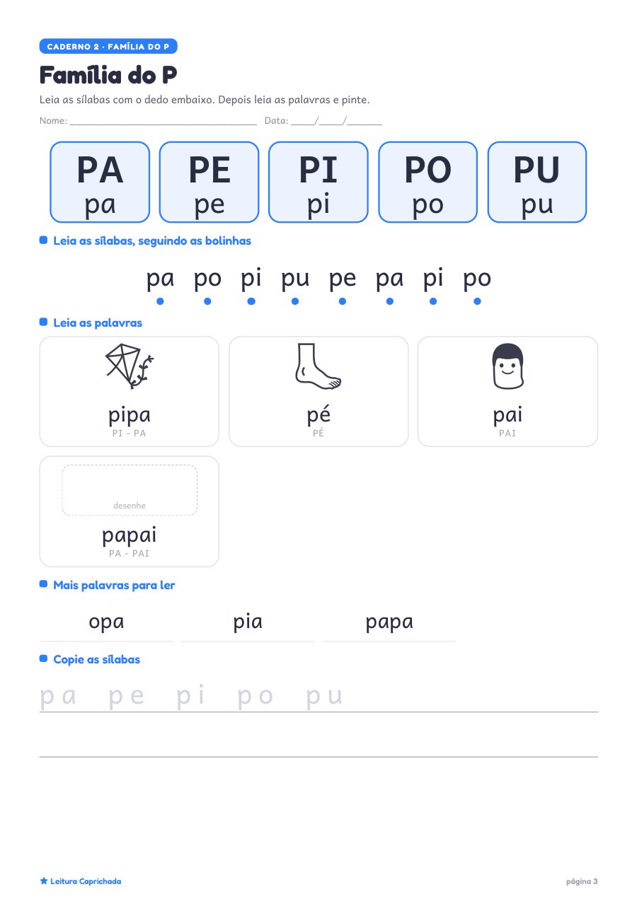 Página da família do P com sílabas e palavras com desenho