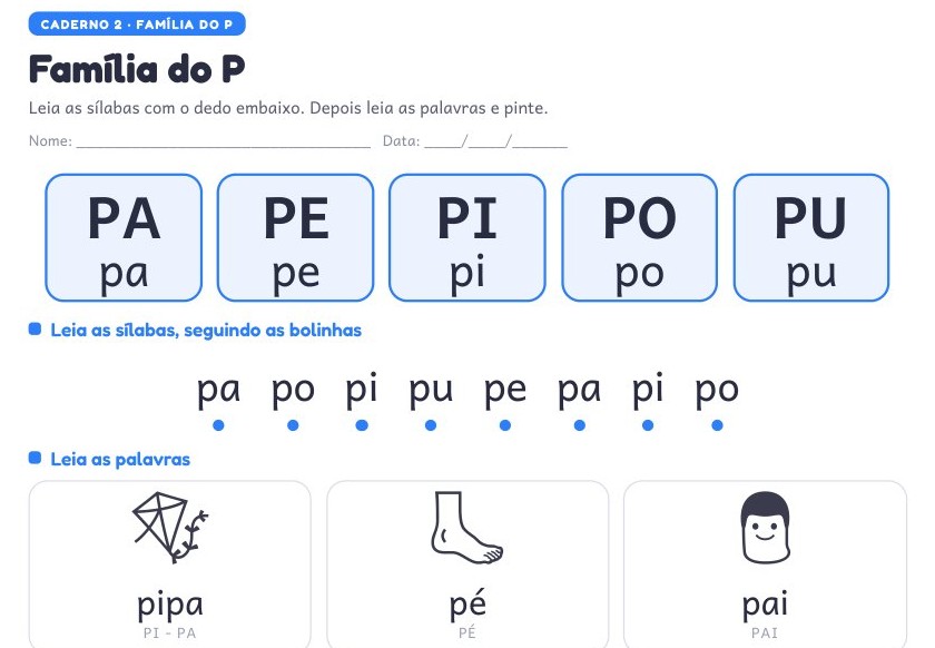 Folha real do kit: a família do P, com as sílabas pa, pe, pi, po, pu e as palavras pipa, pé e pai