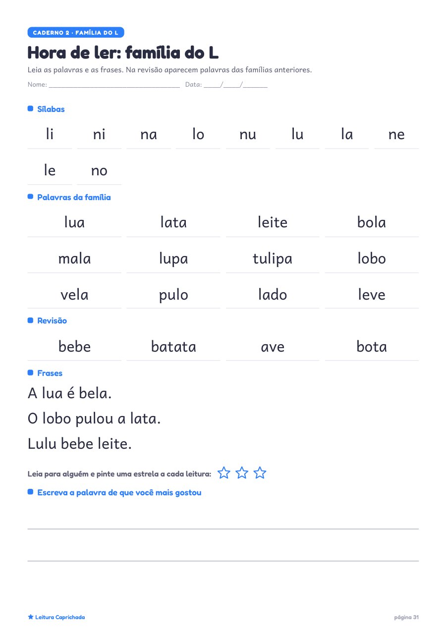 Folha de leitura da família do L