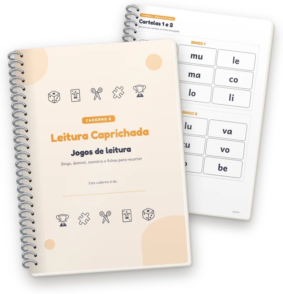 Caderno 5 com espiral: capa e as cartelas do bingo de sílabas