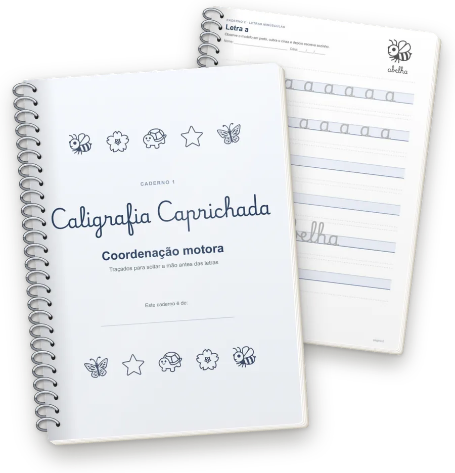 Caligrafia Caprichada com espiral: capa e a página da letra a cursiva