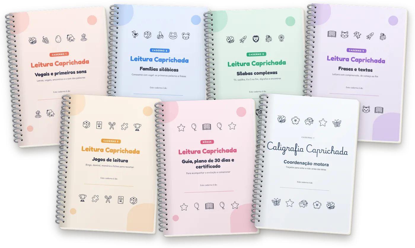 Os 6 cadernos do Leitura Caprichada e o bônus Caligrafia Caprichada, encadernados com espiral